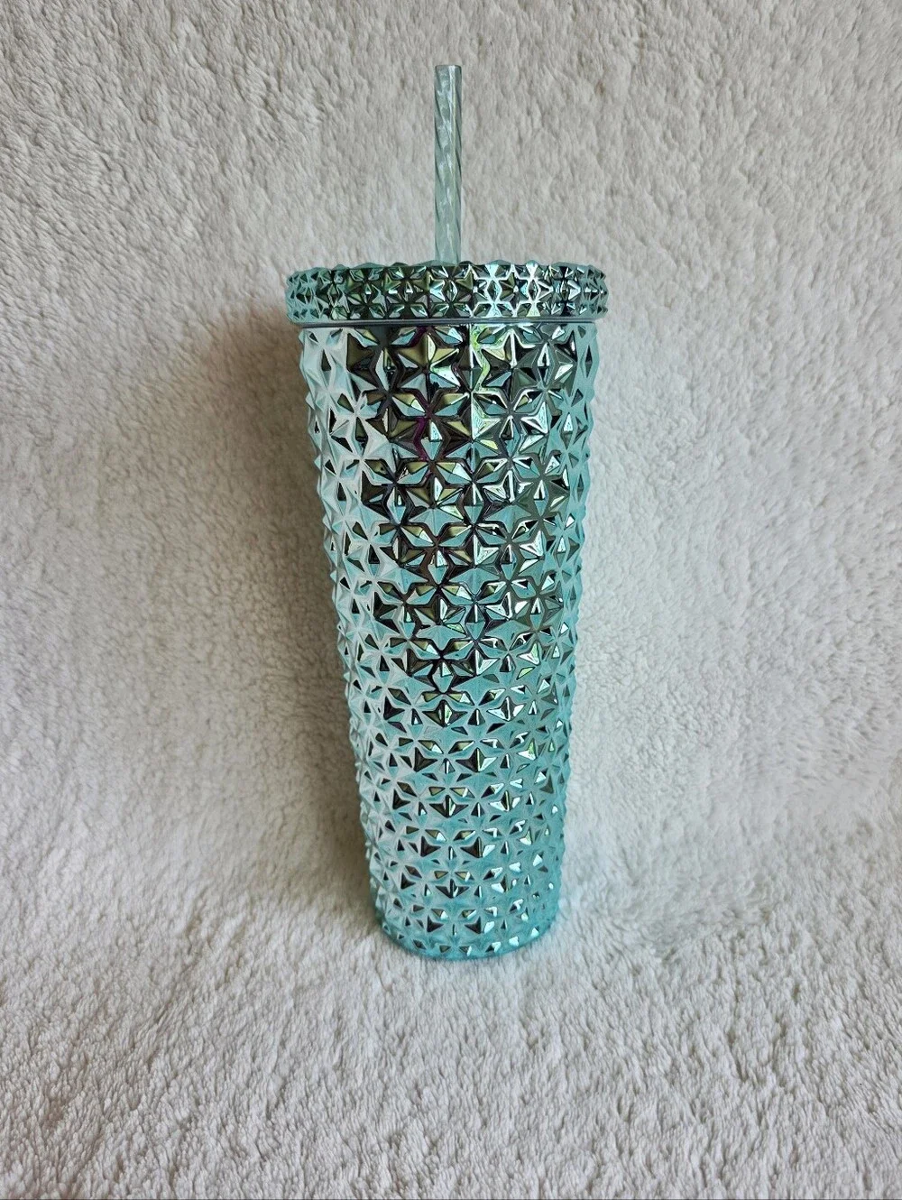 New 26 oz Acrylic Iridescent Double Wall mint Tumbler Cup w Straw Holiday Time